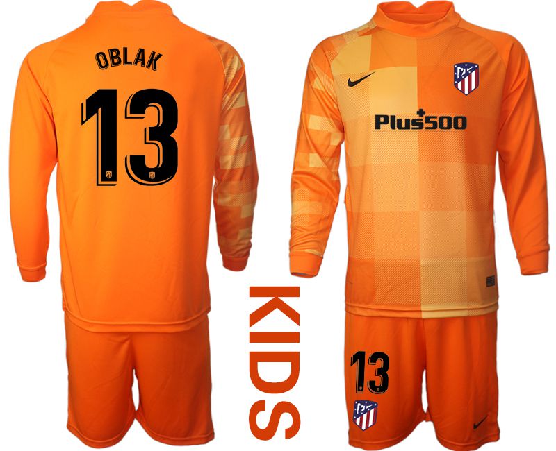 Youth 2021-2022 Club Atletico Madrid oragne red goalkeeper long sleeve #13 Soccer Jersey